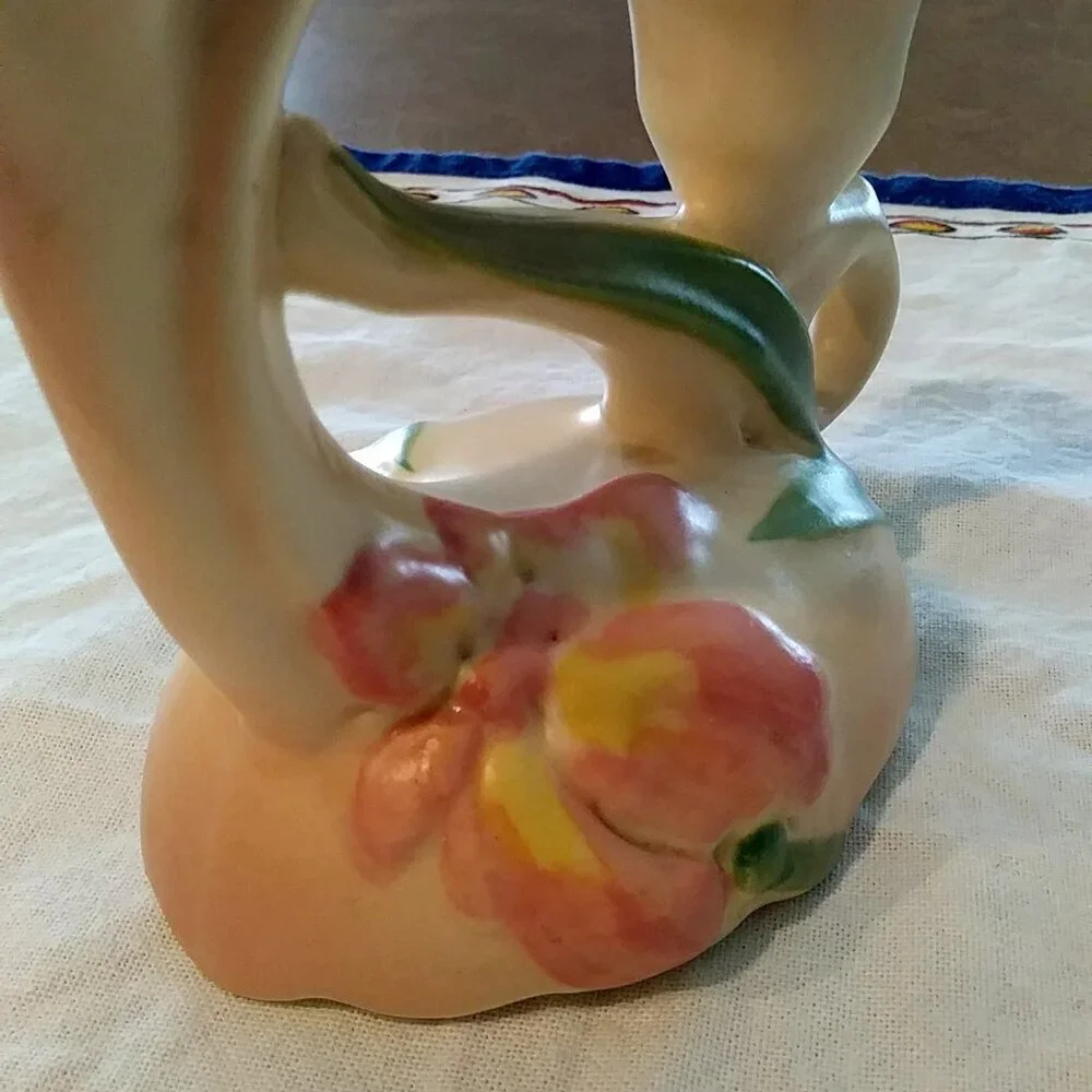Vintage 1930s Camark Pottery Twin Candle Holder – Pink Iris Floral Art Deco US